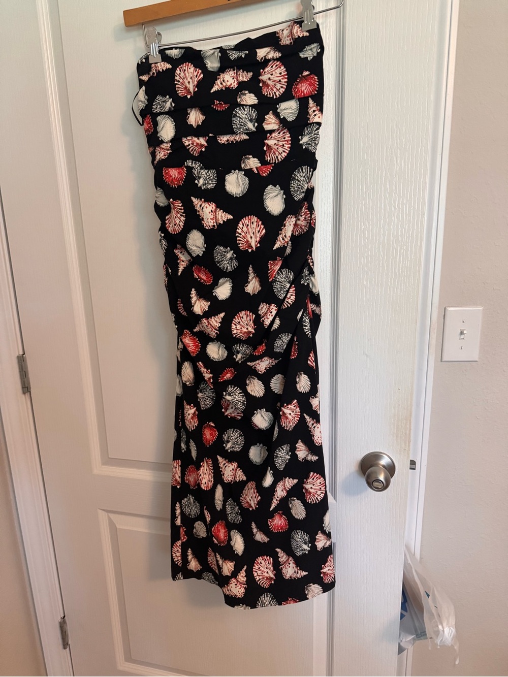 Anthropologie Black Strapless Maxi Dress with Red and Cream Seashell Print